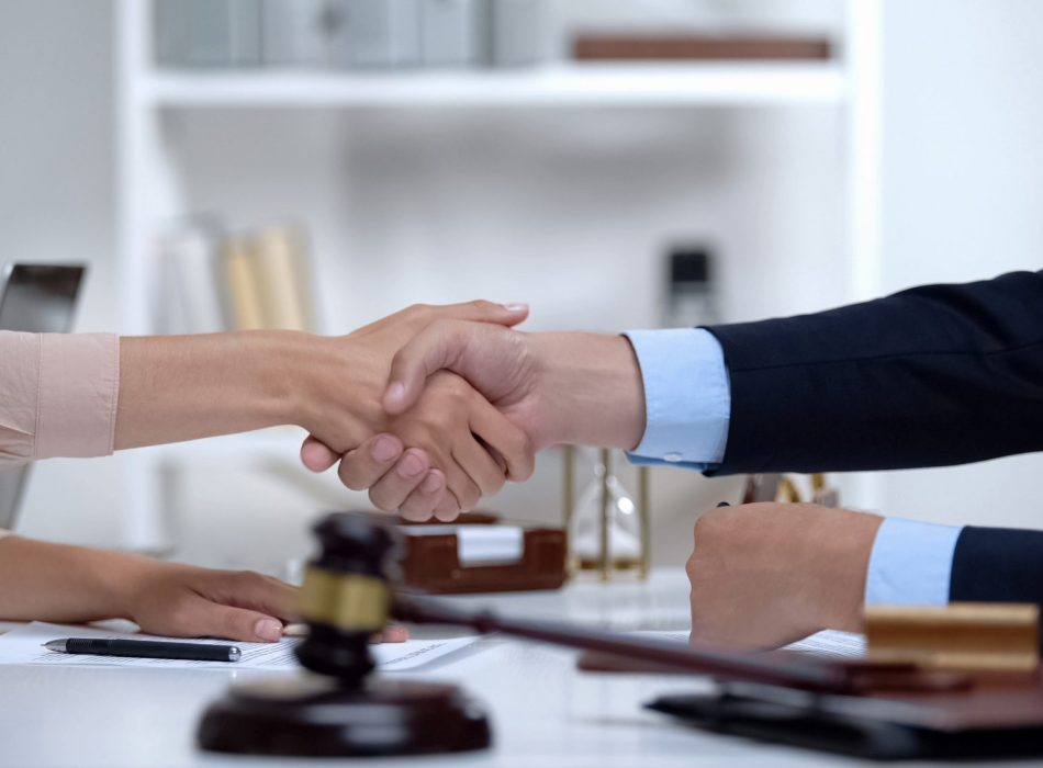 Woman shaking hands with lawyer, successful deal, advertise of attorney service
